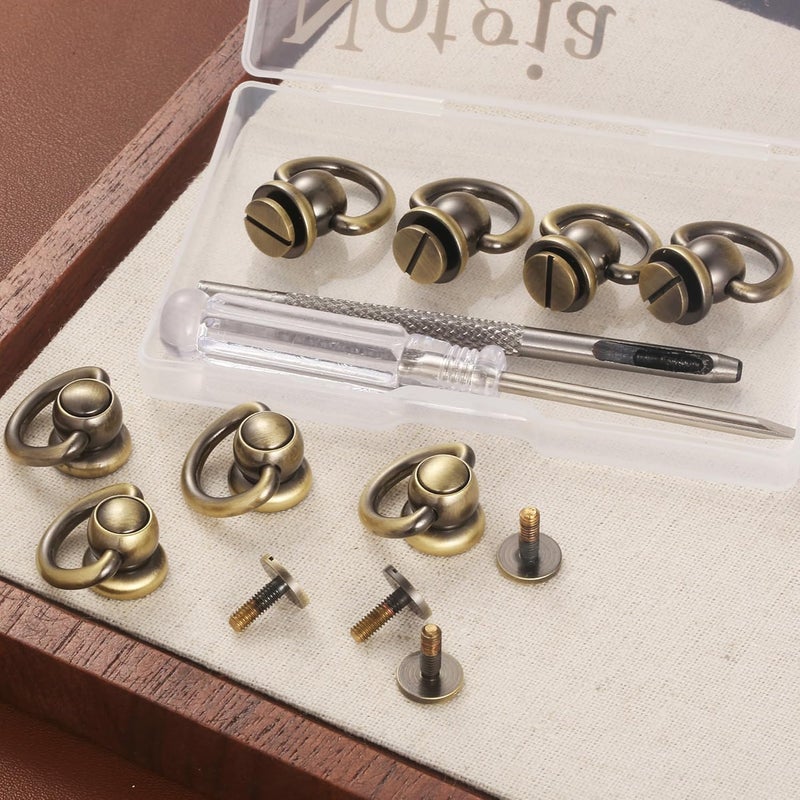 Notgia 4Pcs D Rings for Purse Brass Rivets for Leather Rotatable Purse Strap Hardware Ball Button Studs for Handbag D Rings Chicago Screws for Repair Purse Dog Collar Leather Crafts (Brushed Bronze) - Image 4